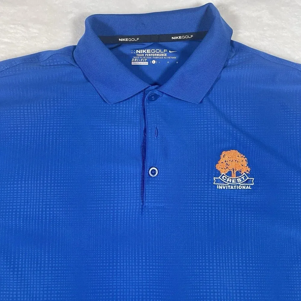 NIKE Dri Fit Tour Performance Golf Polo Blue Men's Size Large Crest Invitational